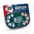 WPT PokerPadz oval green mouse mat in retail packaging with blue and red poker chip designs