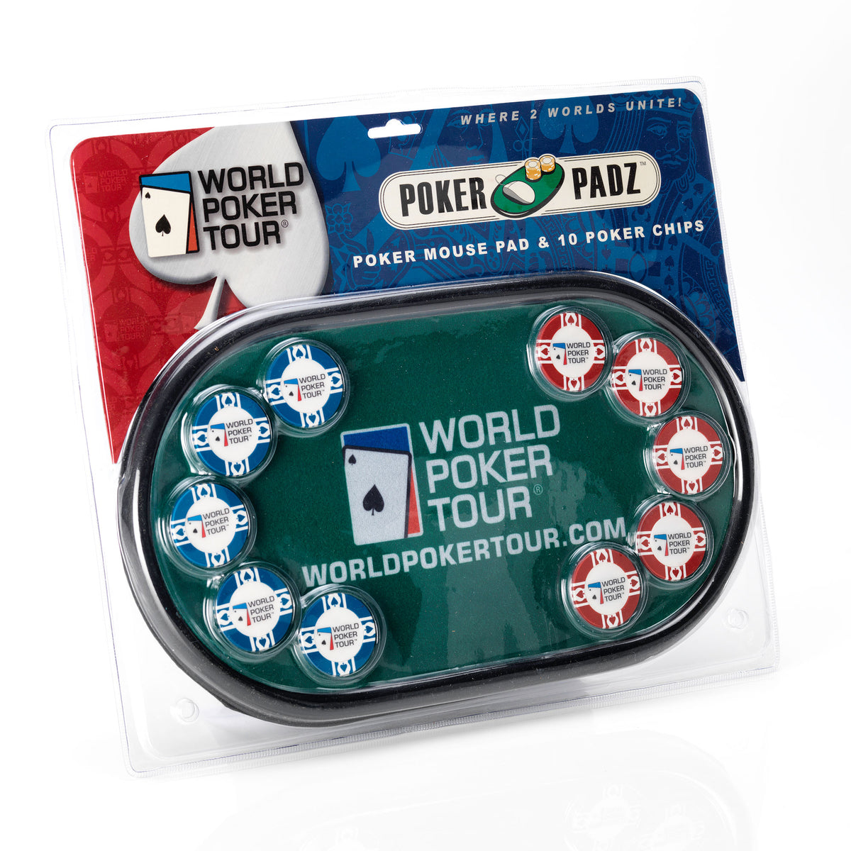 WPT PokerPadz oval green mouse mat in retail packaging with blue and red poker chip designs