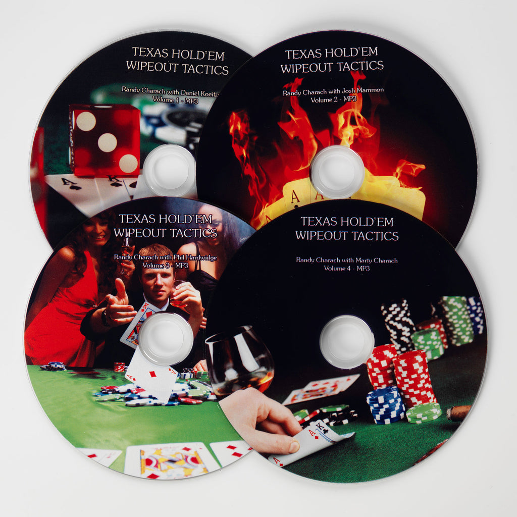 Four Texas Hold'em Poker Tactics discs with poker chips, dice and cards artwork