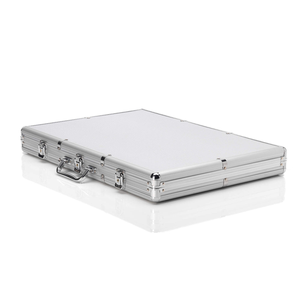 Closed silver aluminium poker chip case with carry handle on a white background