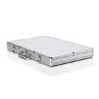 Closed silver aluminium poker chip case with carry handle on a white background