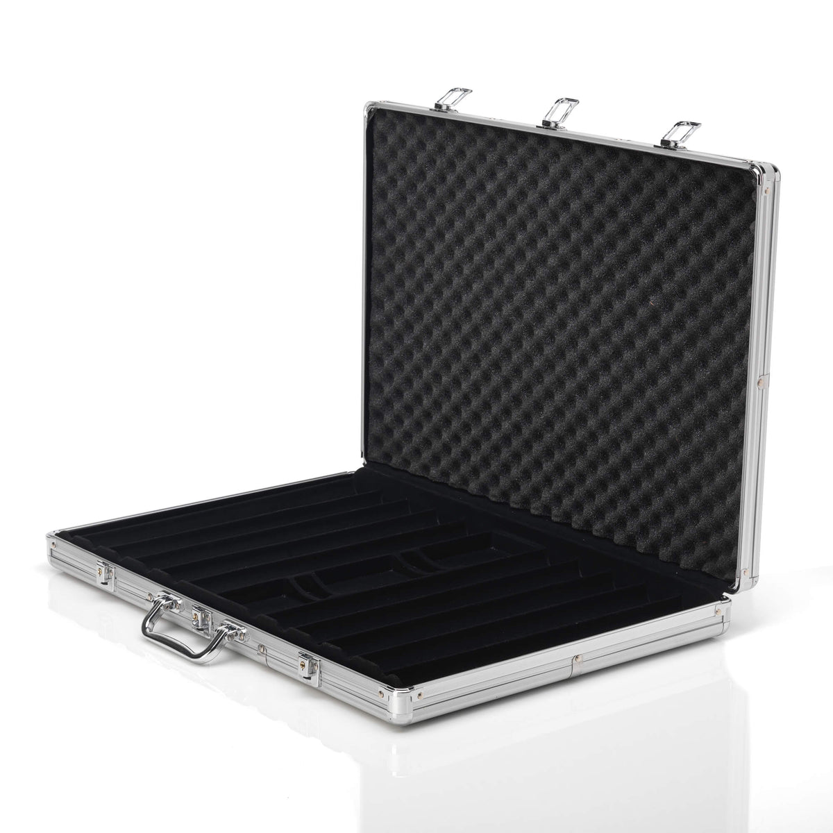 Open empty silver aluminium poker chip case with black foam lining and compartments