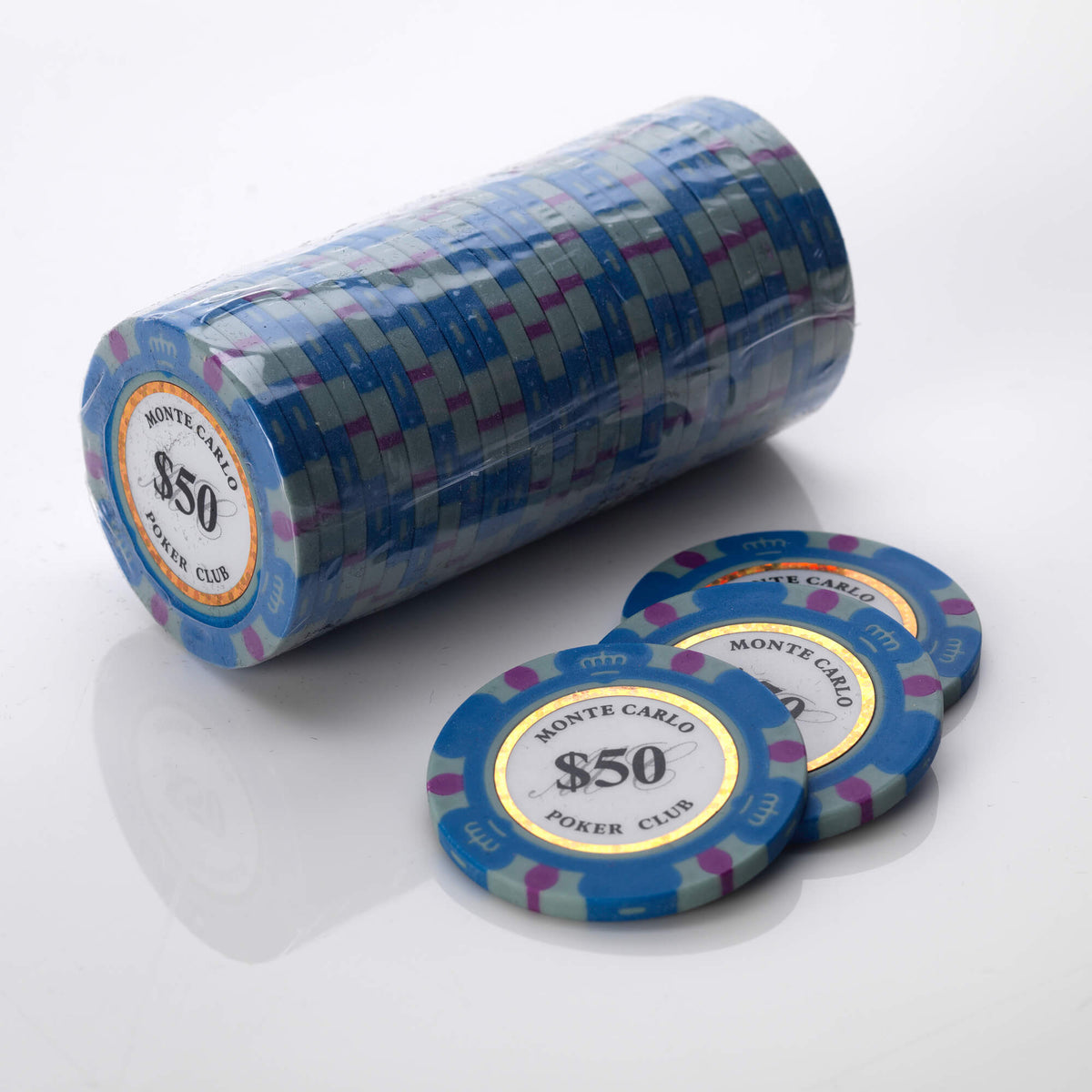 Wrapped roll of blue Monte Carlo poker chips with three loose chips in front of it