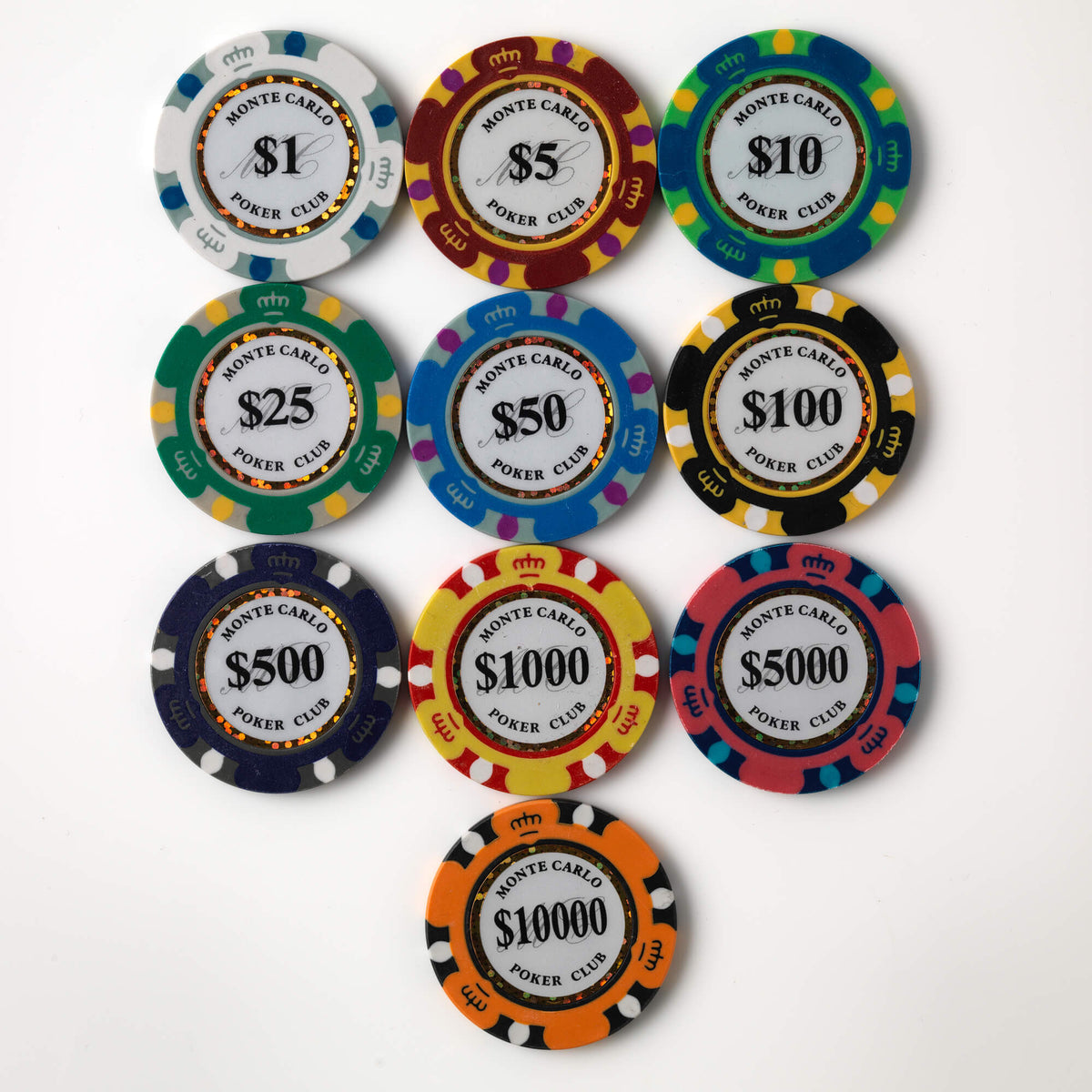 Ten colourful Monte Carlo poker chips, each marked with a different value, arranged on a white background