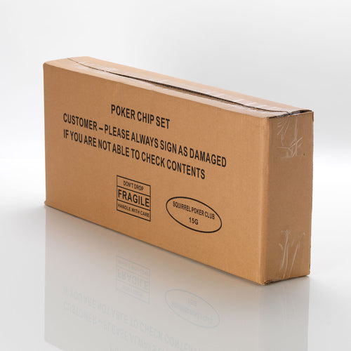 Brown cardboard shipping box for a poker chip set