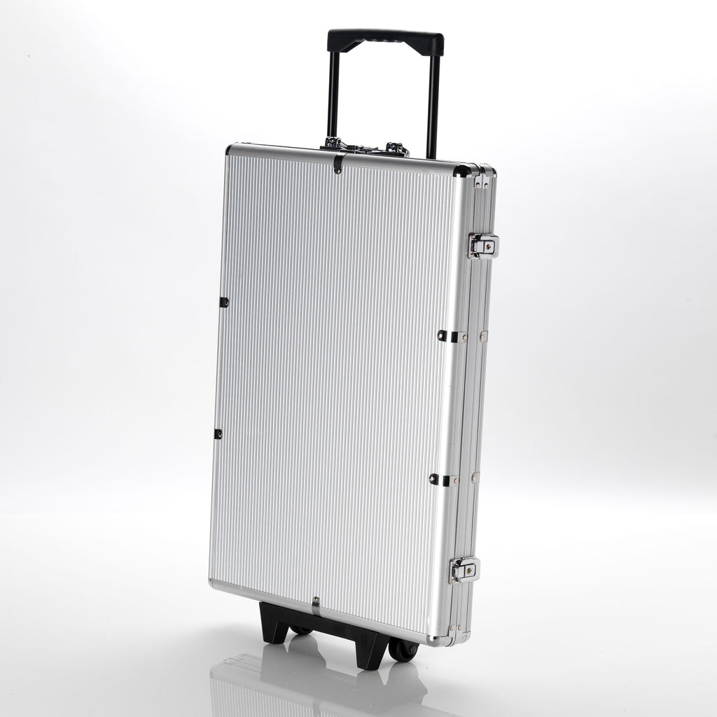 Silver aluminium rolling poker chip case with extended telescopic handle and wheels