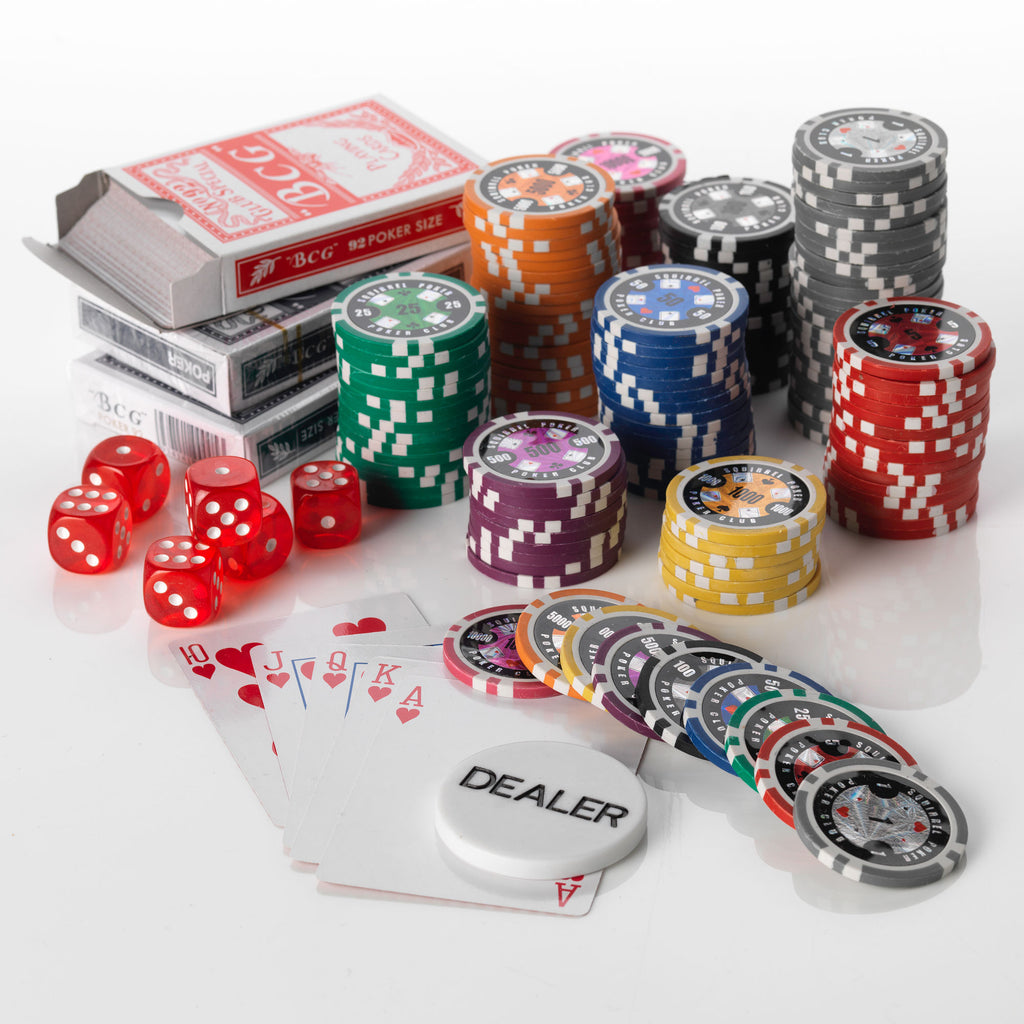 1000 piece Poker Club chip set with playing cards, dice and dealer button