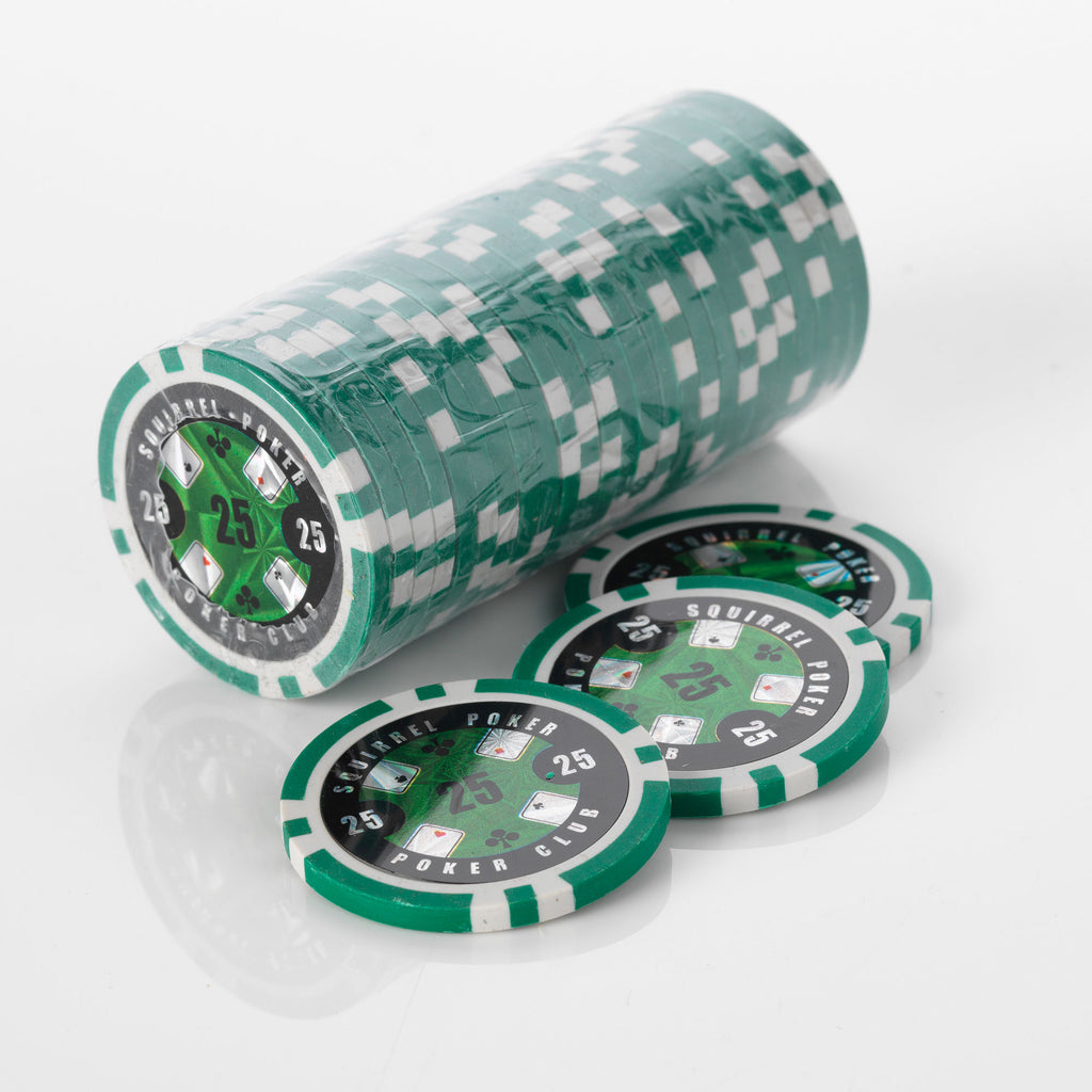 Stack of green and white Squirrel Poker Club poker chips with three loose chips in front of it