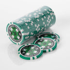 Stack of green and white Squirrel Poker Club poker chips with three loose chips in front of it