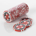 Stack of red and white Squirrel Poker Club poker chips with three loose chips in front of it