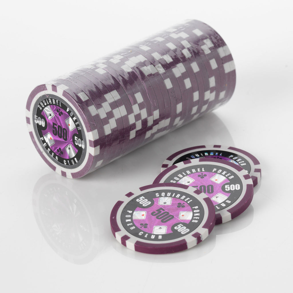 Stack of purple and white Squirrel Poker Club poker chips with three loose chips in front of it