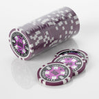 Stack of purple and white Squirrel Poker Club poker chips with three loose chips in front of it