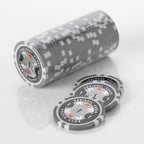 Stack of grey and white Squirrel Poker Club poker chips with three loose chips in front of it