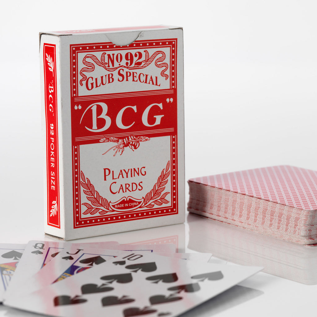 BCG Club Special red playing card box with a deck of cards fanned out beside it