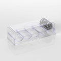Clear acrylic poker chip tray with lid holding 100 chips, with a black chip resting on top