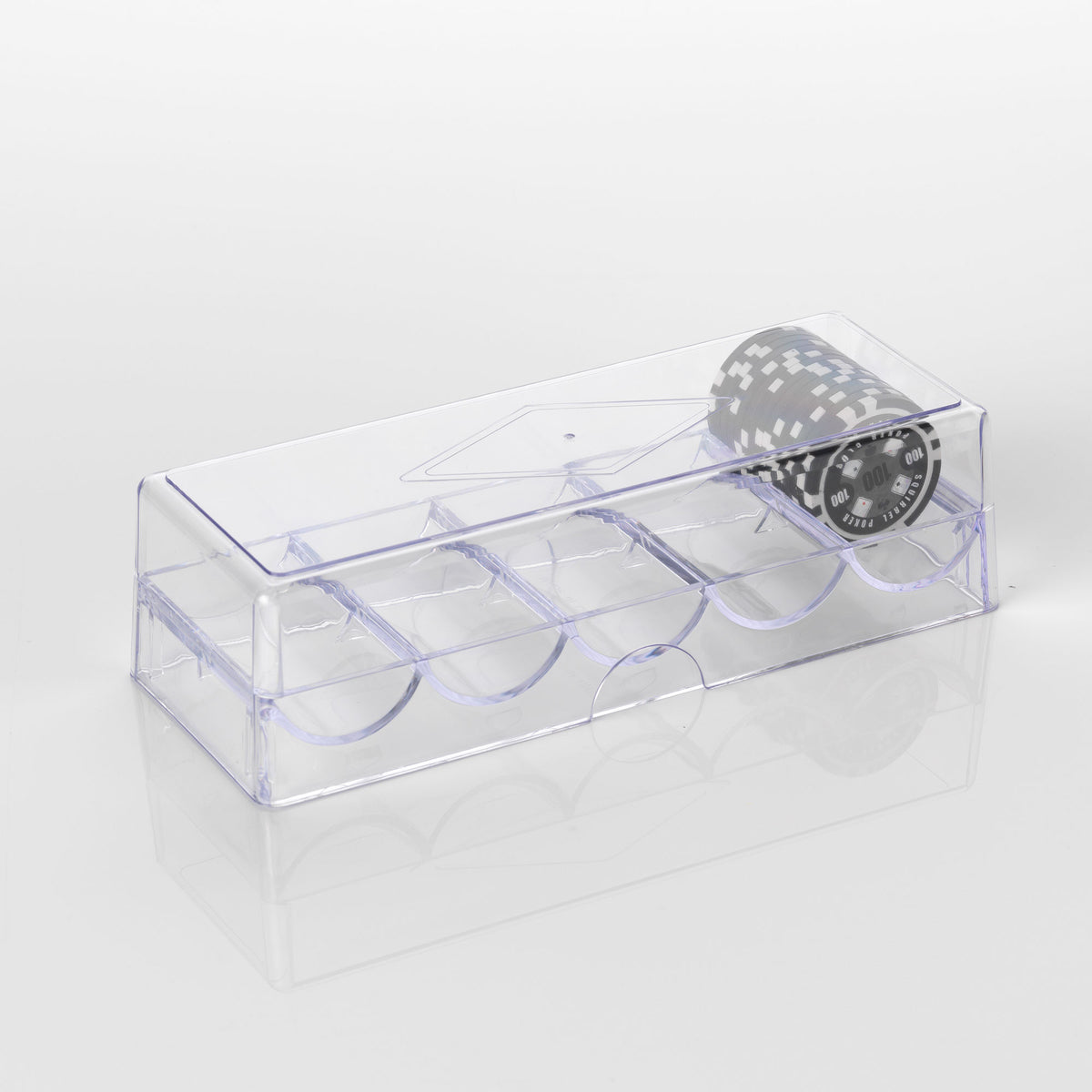 Clear acrylic poker chip tray with lid holding 100 chips, with a black chip resting on top