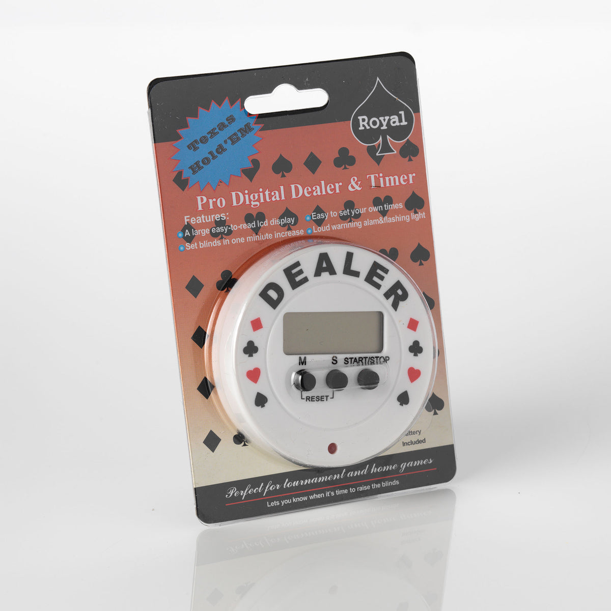 Pro Digital Dealer button with built-in poker timer, shown in its retail blister packaging