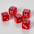 Five translucent red casino style dice with white pips on a white background