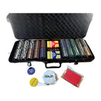 Open black poker case holding rows of poker chips, playing cards and dealer buttons
