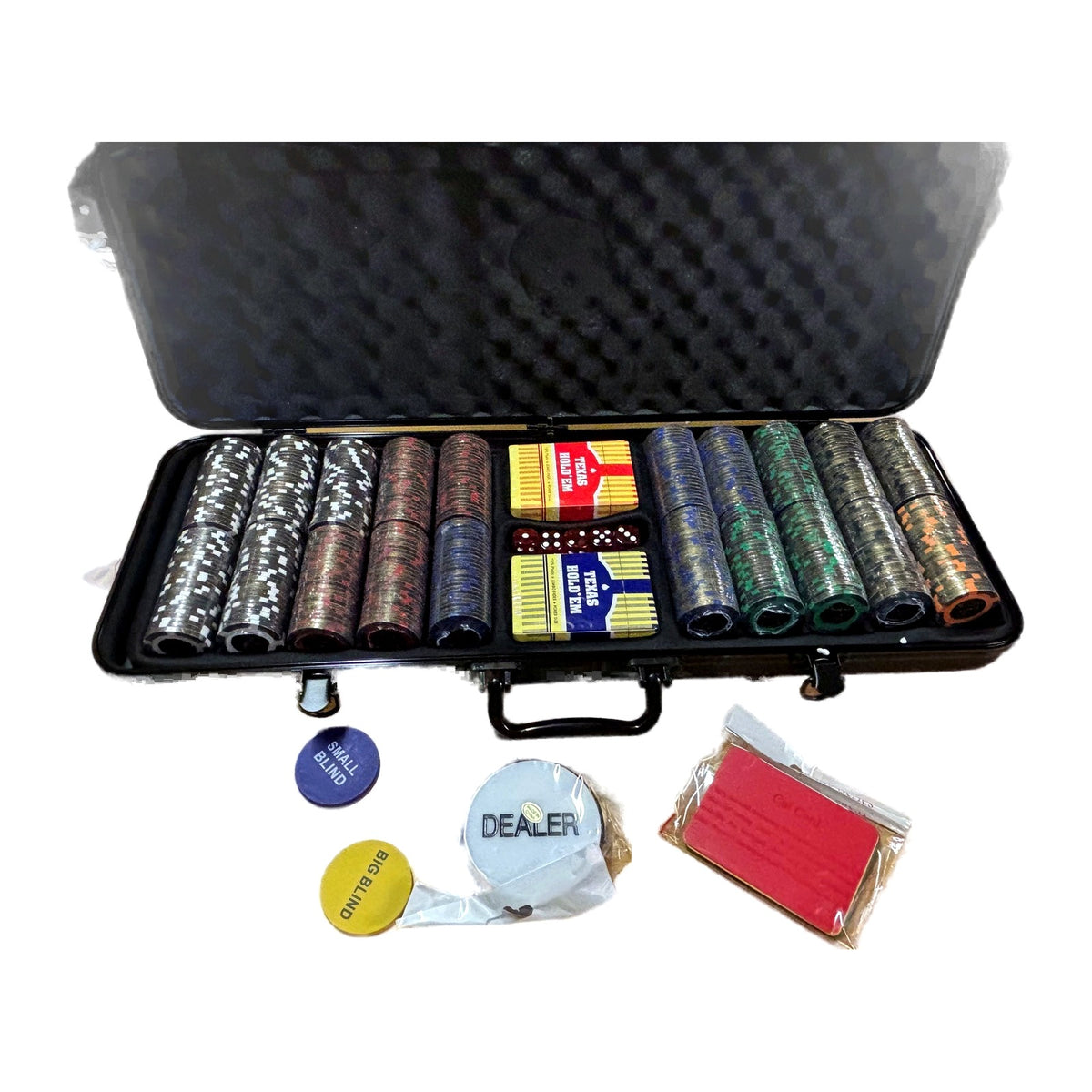 Open black poker case holding rows of poker chips, playing cards and dealer buttons