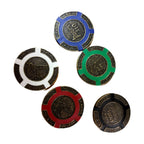 Five poker chips in blue, white, green, red and black arranged on a white background
