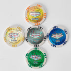 Five Las Vegas style casino poker chips in different colours and denominations arranged in a flower pattern on a white background