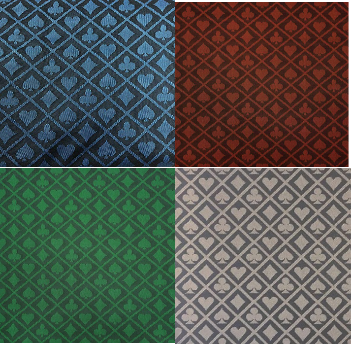 Four swatches of two tone poker speed cloth in blue, red, green and grey