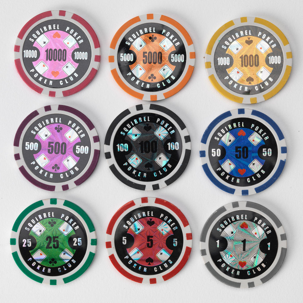 Nine Squirrel Poker Club poker chips in a grid showing each colour and denomination