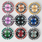 Nine Squirrel Poker Club poker chips in a grid showing each colour and denomination