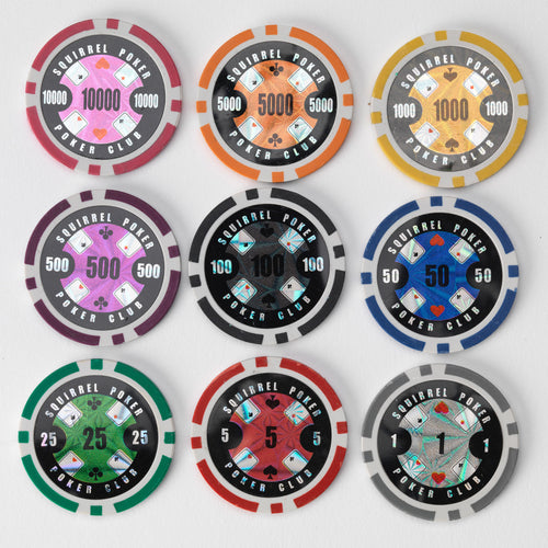 Nine Squirrel Poker Club poker chips in a grid showing each colour and denomination