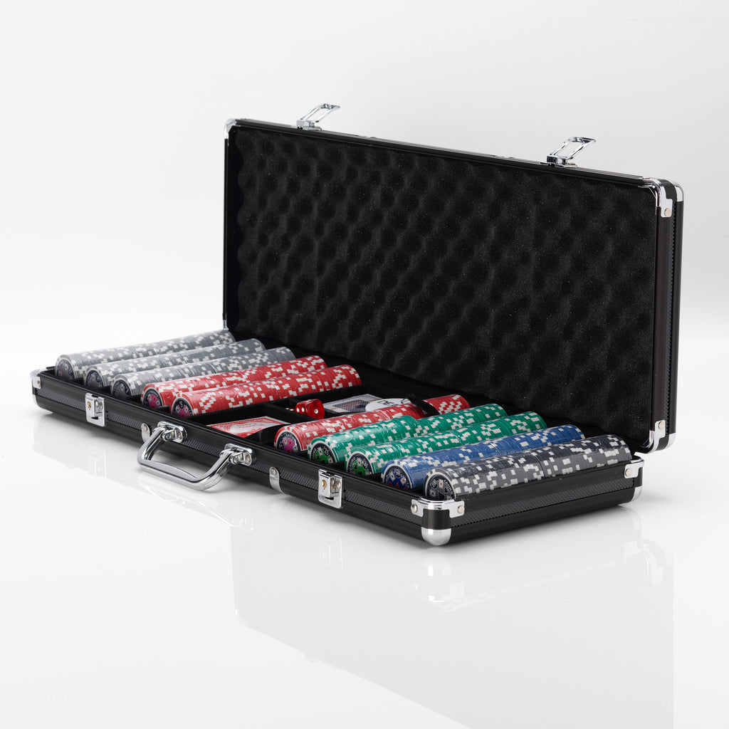 Open black aluminium poker case holding rows of Ultimate poker chips in red, green, blue and silver, on a white background