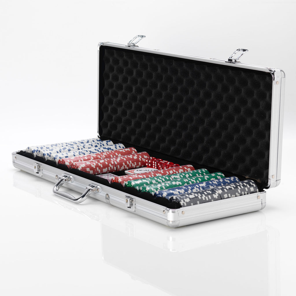 Open silver aluminium poker case with black foam lining, filled with rows of Las Vegas casino chips in red, green, blue and black