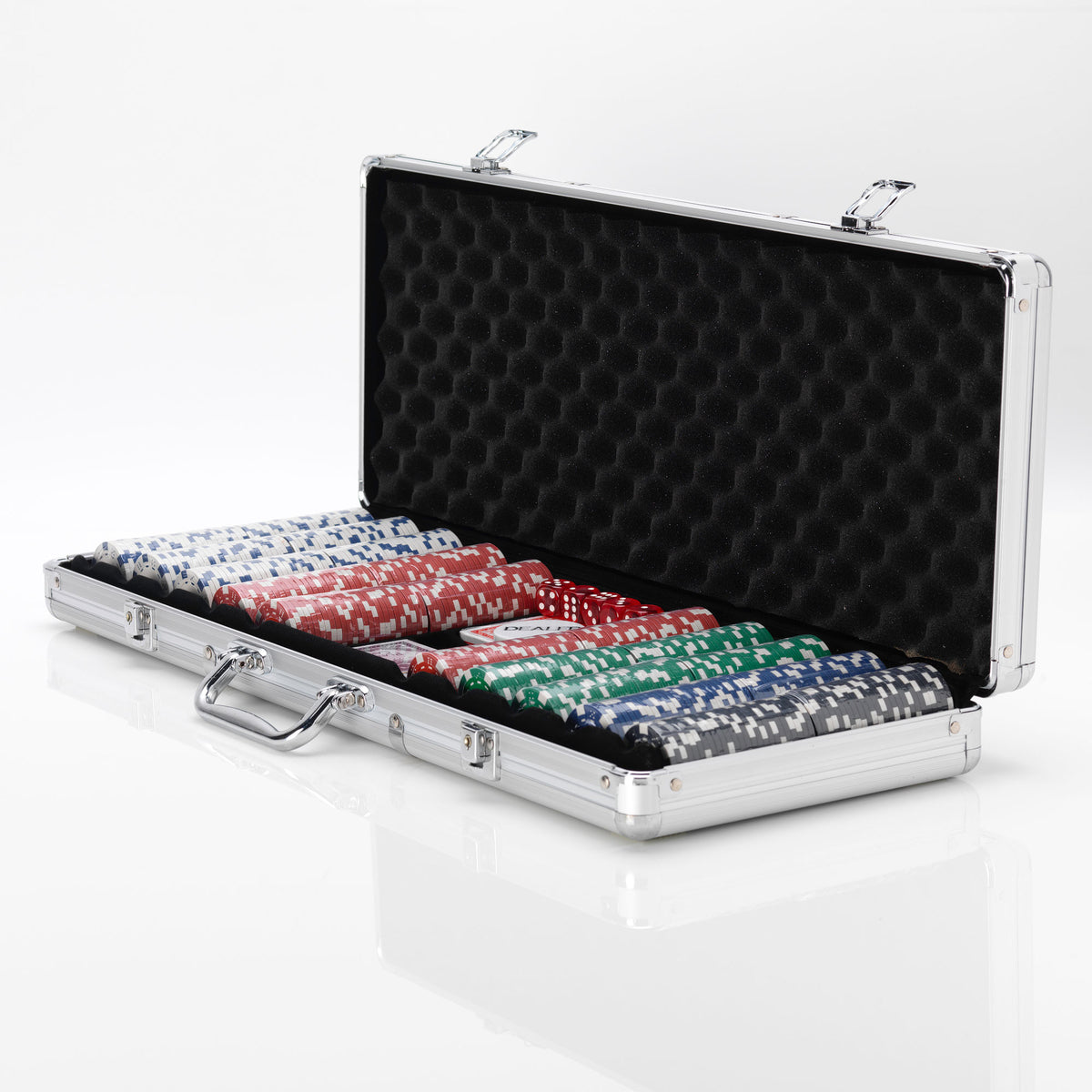 Open silver aluminium poker case with black foam lining, filled with rows of Las Vegas casino chips in red, green, blue and black