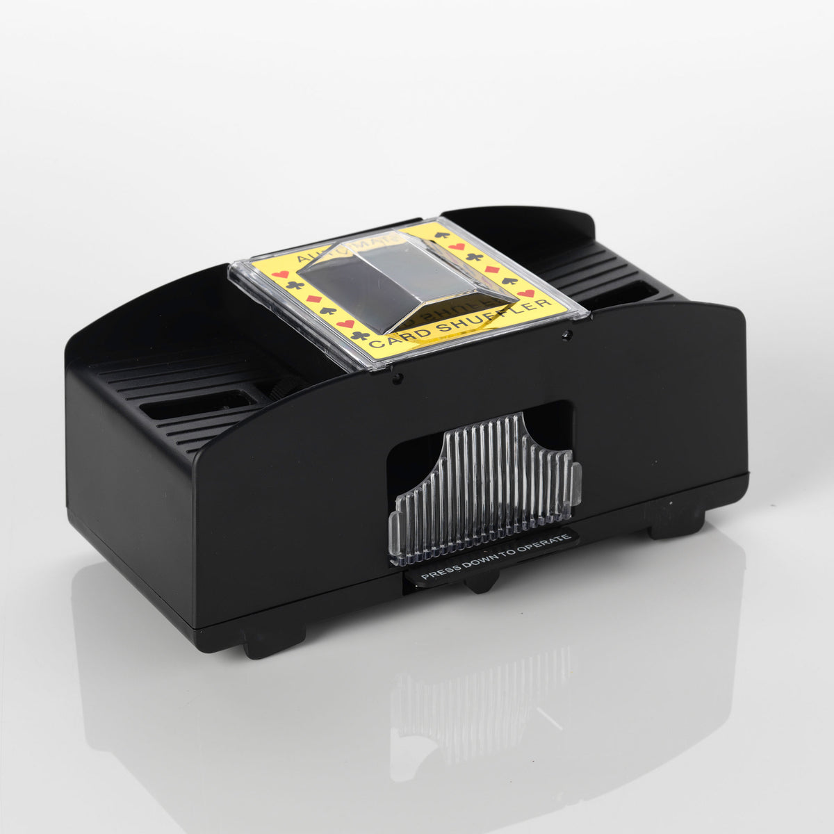 Black 2 deck automatic card shuffler with clear lid and press-down operating lever